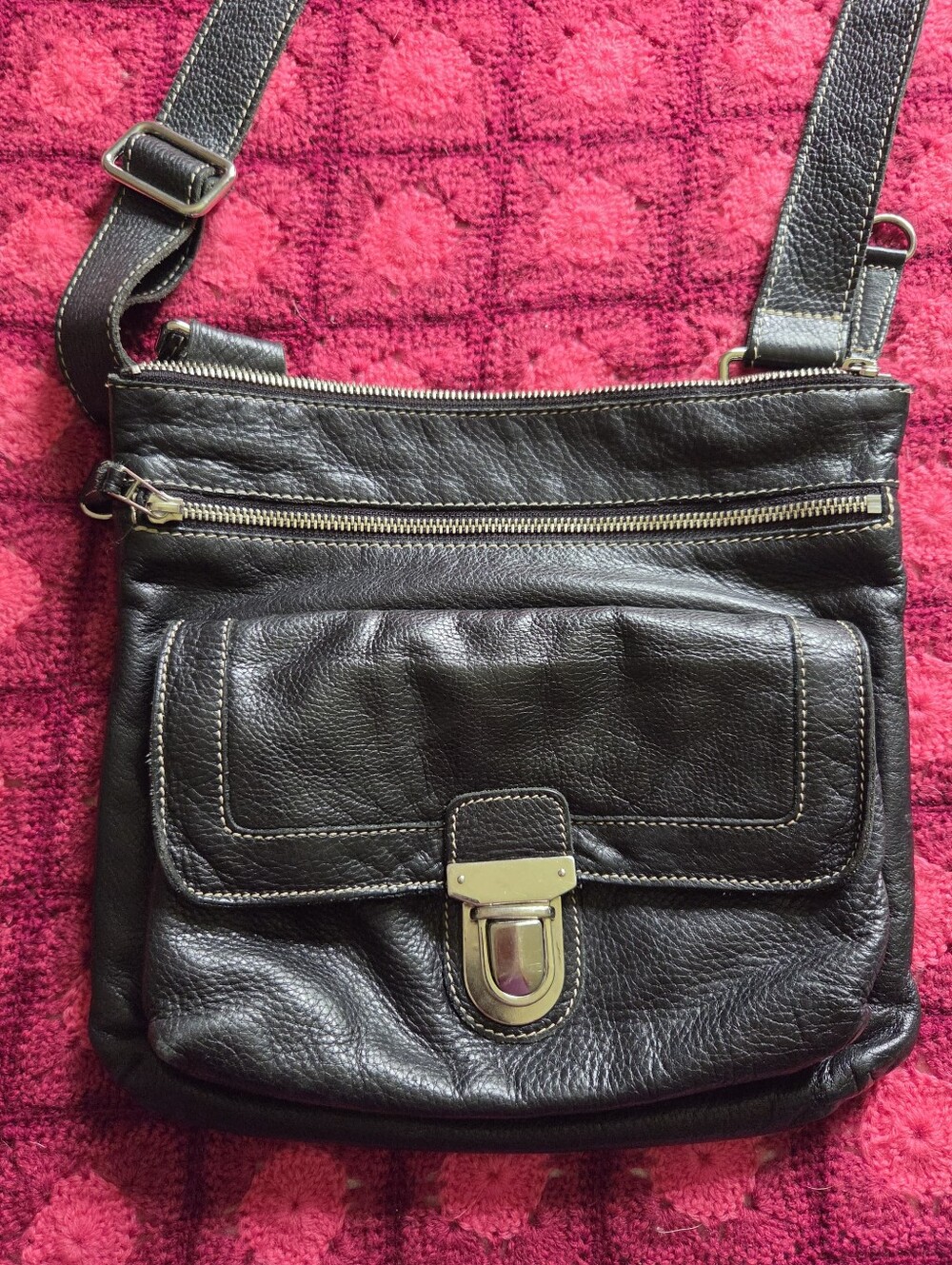 Roots Black Leather Crossbody Bag with Beige Interior